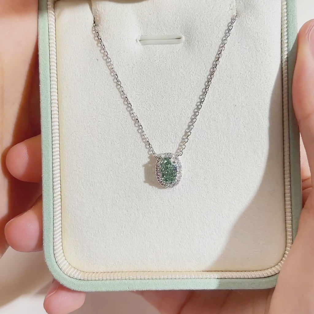 0.823ct Fancy Green Radiant Cut Lab Grown Diamond Necklace – 9K White Gold with Diamond Halo