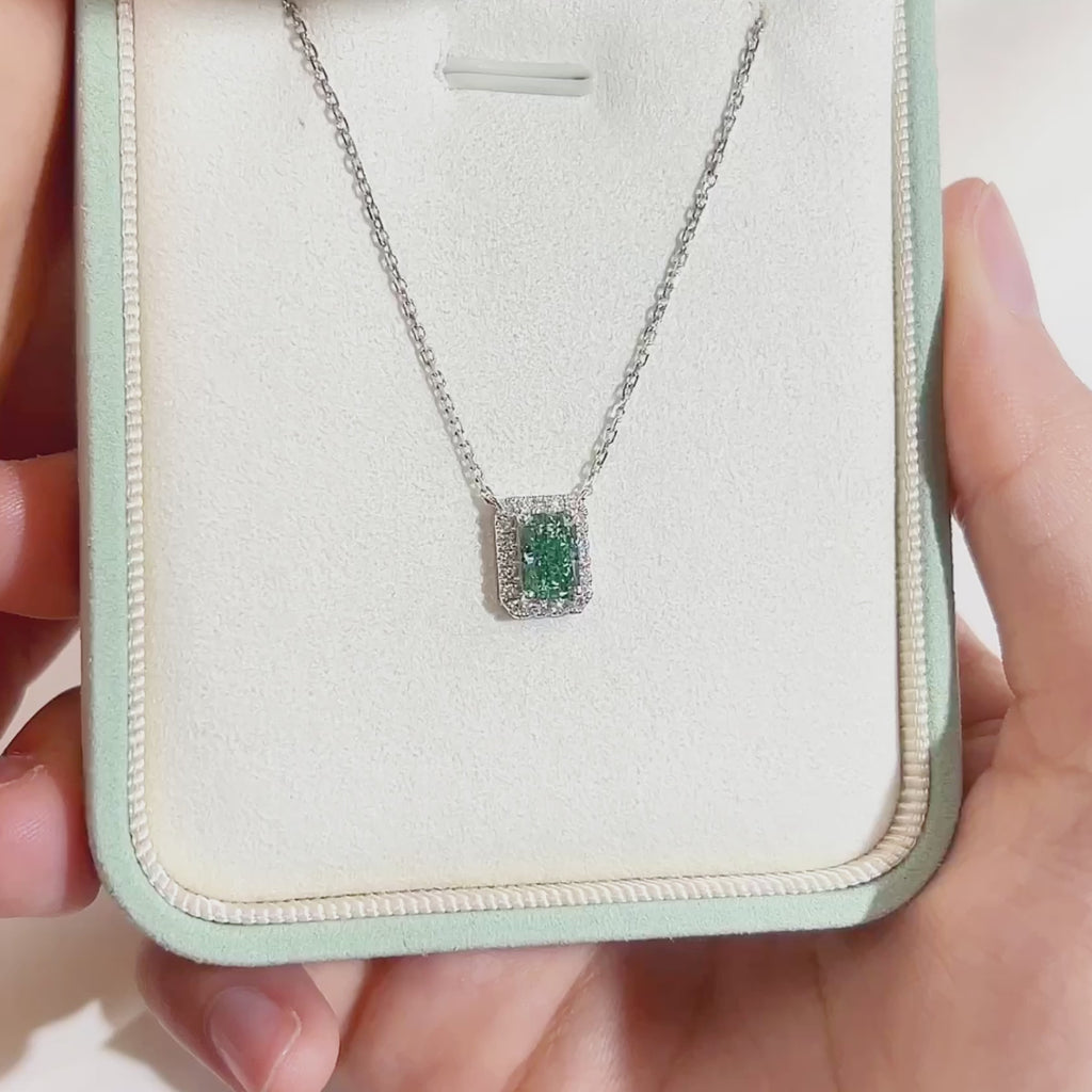 0.669ct Fancy Green Radiant Cut Lab Grown Diamond Necklace – 9K White Gold with Diamond Halo