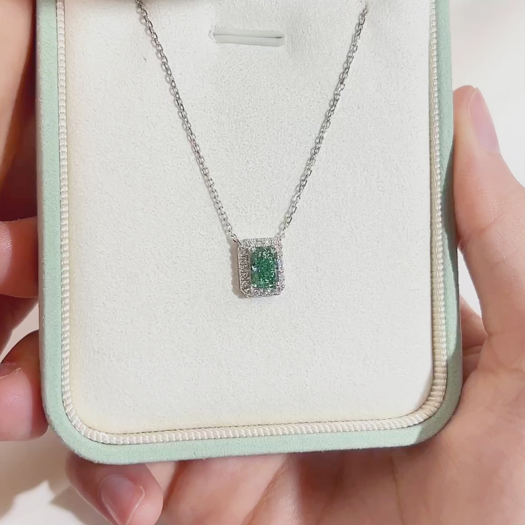 0.669ct Fancy Green Radiant Cut Lab Grown Diamond Necklace – 9K White Gold with Diamond Halo