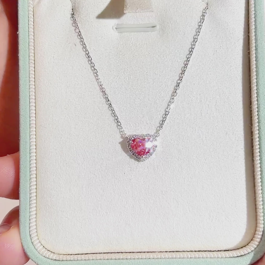 0.778ct Fancy Red Heart Cut Lab Grown Diamond Necklace – 9K White Gold with Diamond Halo